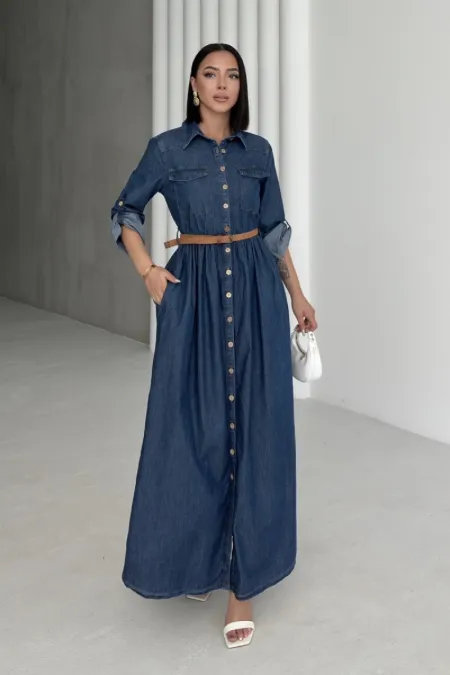 Düğmeli Uzun Kot Elbise 3041-26-(S-XL) Düğmeli Uzun Kot Elbise 3041-26-(S-XL)