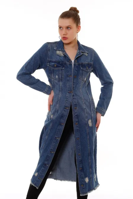 Ripped Long Denim Jacket 680-02-(S-XL) Dark Tinted Denim Ripped Long Denim Jacket 680-02-(S-XL) Dark Tinted Denim