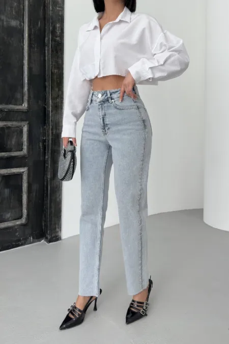 Şerit Taşlı Mom Fit Kot Pantolon 7110-08-(28-33) Şerit Taşlı Mom Fit Kot Pantolon 7110-08-(28-33)