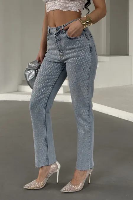 Taşlı Mom Fit Kot Pantolon 7092-08-(26-31)