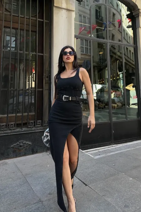 Denim Dress with Denim Straps and Leather Belt 3019-23-(S-XL) Regular Anthracite