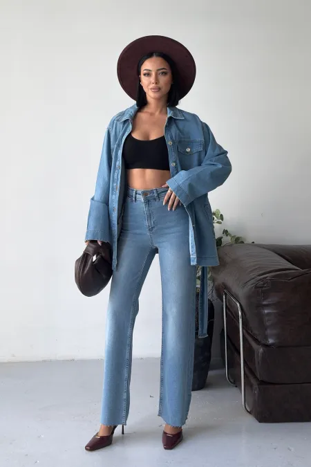 Belted Oversize Shirt 6250-15-(S-L-3) Light Blue Denim Belted Oversize Shirt 6250-15-(S-L-3) Light Blue Denim