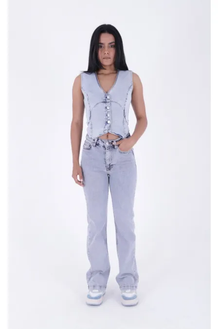 Stitched Hems Wide Leg Relaxed Jean  7026-08-(26-29-4) Snow Light Blue