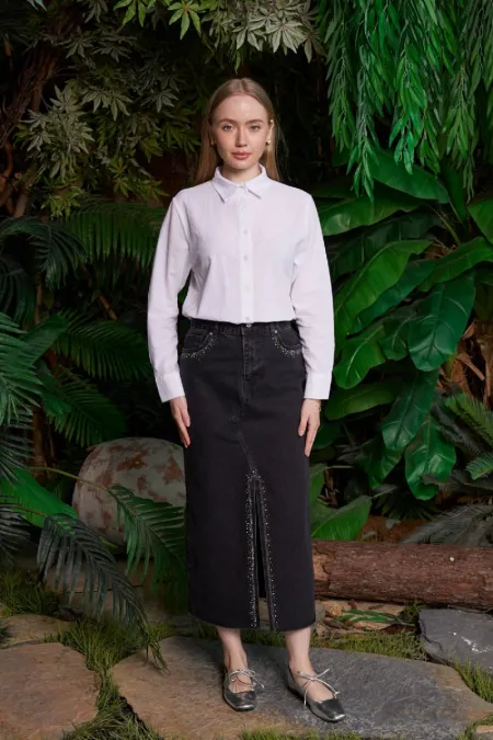 Taşlı Yırtmaçlı Kot Etek 1071-23-(S-XL-6) Taşlı Yırtmaçlı Kot Etek 1071-23-(S-XL-6)