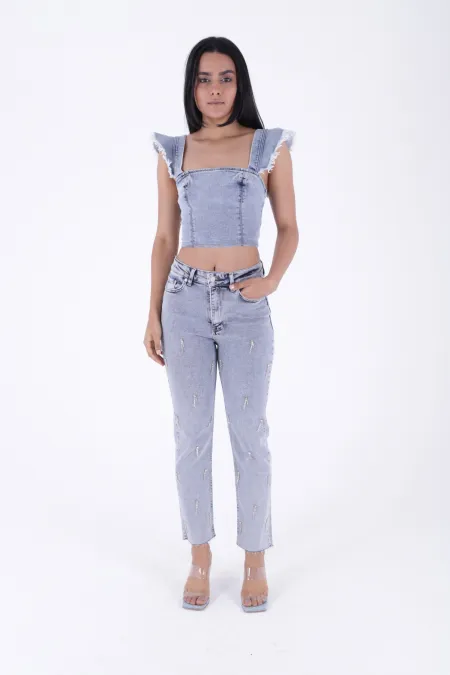 Damla Taşlı Mom Fit Kot Pantolon 7024-08-(26-31) Damla Taşlı Mom Fit Kot Pantolon 7024-08-(26-31)