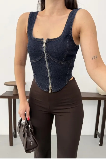 Fermuarlı Denim Büstiyer 411-17-(S-L-3)