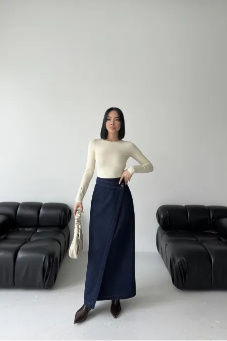 Long Denim Skirt with Flap 1941-17-(36-44) Slubbed Navy Blue