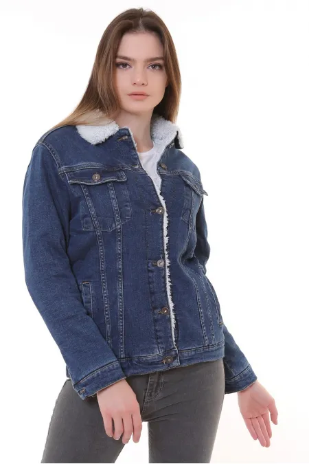 Fur Lined Denim Jacket 656-06-(S-L-3) Middle Blue Denim Fur Lined Denim Jacket 656-06-(S-L-3) Middle Blue Denim
