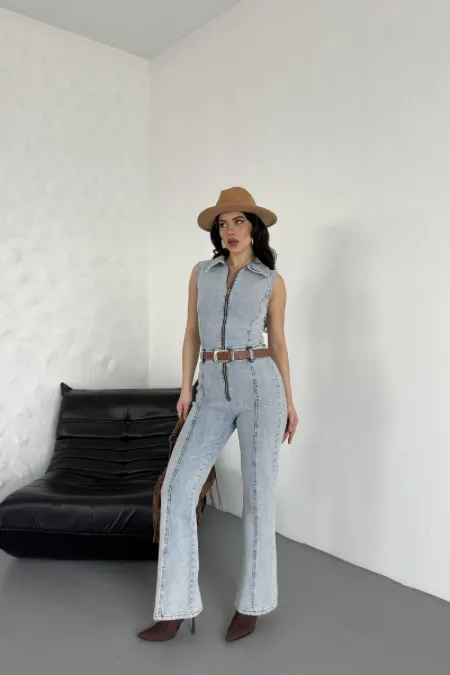 Kuplu Kolsuz Fermuarlı Kot Tulum 3013-08-(S-XL)