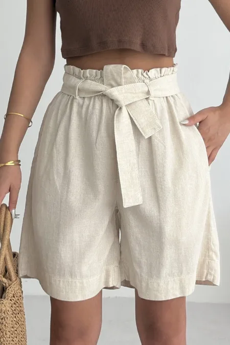 Linen Elasticated Waist Shorts HS201-65-(XS-L) Stone Linen Elasticated Waist Shorts HS201-65-(XS-L) Stone