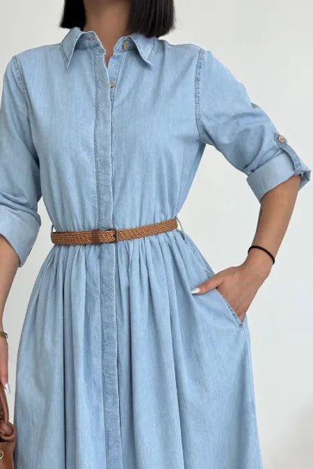 Büzgü Detaylı Uzun Kot Elbise  3048-42-(S-XL)
