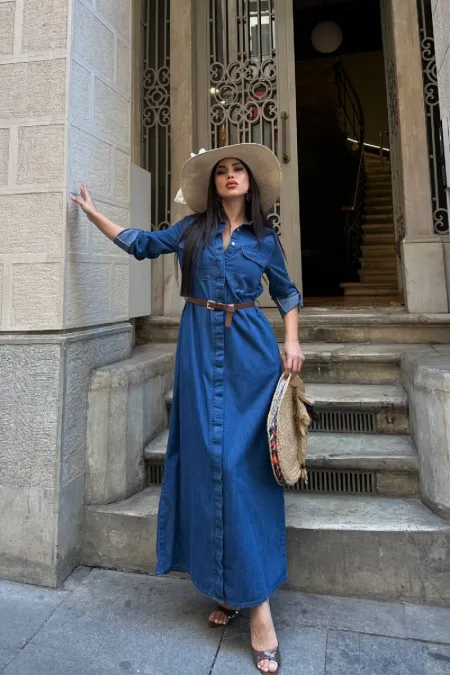 Düğmeli Uzun Elbise 3039-26-(S-XL) Düğmeli Uzun Elbise 3039-26-(S-XL)