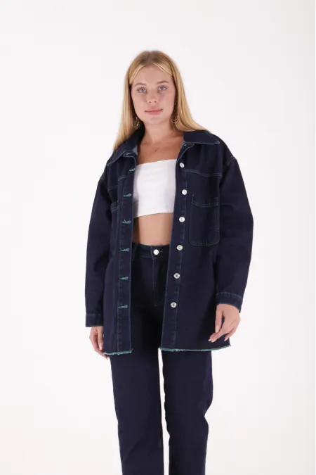 Denim Jacket Sewn with Green Thread 6021-17-(S-XL-6) Slubbed Navy Blue Denim Jacket Sewn with Green Thread 6021-17-(S-XL-6) Slubbed Navy Blue