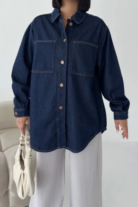 Oversize Denim Jacket with Buttons 6080-17-(S+L+3) Slubbed Navy Blue