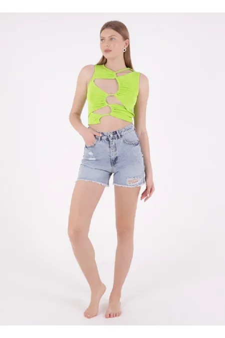 Ripped Denim Short with Fringe Ending 225-08-(S-XL-6-2) Snow Light Blue Ripped Denim Short with Fringe Ending 225-08-(S-XL-6-2) Snow Light Blue