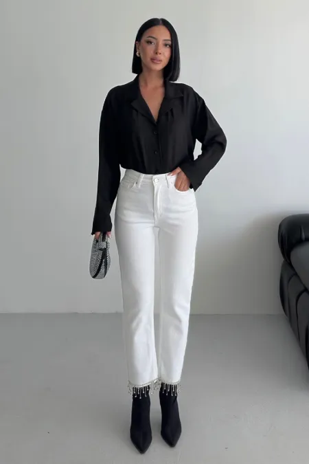 Fringe Ending High Rise Mom Fit Jean with Rhinestones on Legs 1890-50-(26-31) White