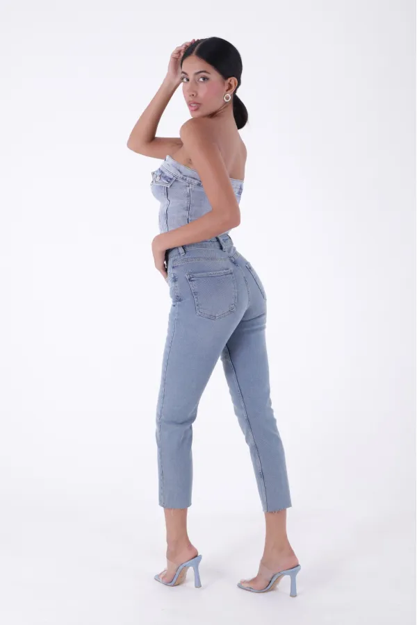 Fringe Ending High Waisted Mom Fit Jean  764-62-(30-36) Middle Blue - Tinted