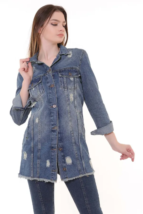 Fringe Finish Boyfriend Denim Jacket 679-62-(S-XL-6) Middle Blue - Tinted Fringe Finish Boyfriend Denim Jacket 679-62-(S-XL-6) Middle Blue - Tinted