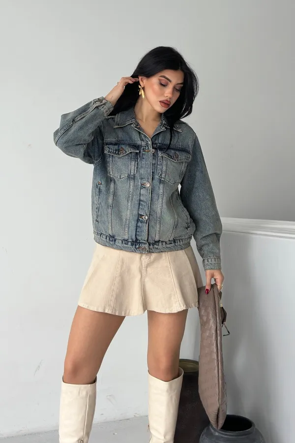 Denim Jacket with Buttons  6081-62-(S-L-3) Middle Blue - Tinted