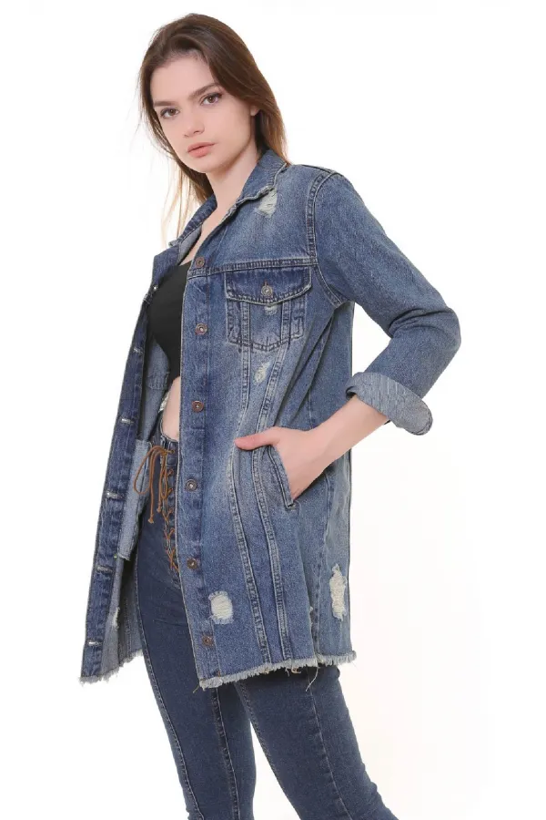 Fringe Finish Boyfriend Denim Jacket 679-62-(S-XL-6) Middle Blue - Tinted Fringe Finish Boyfriend Denim Jacket 679-62-(S-XL-6) Middle Blue - Tinted