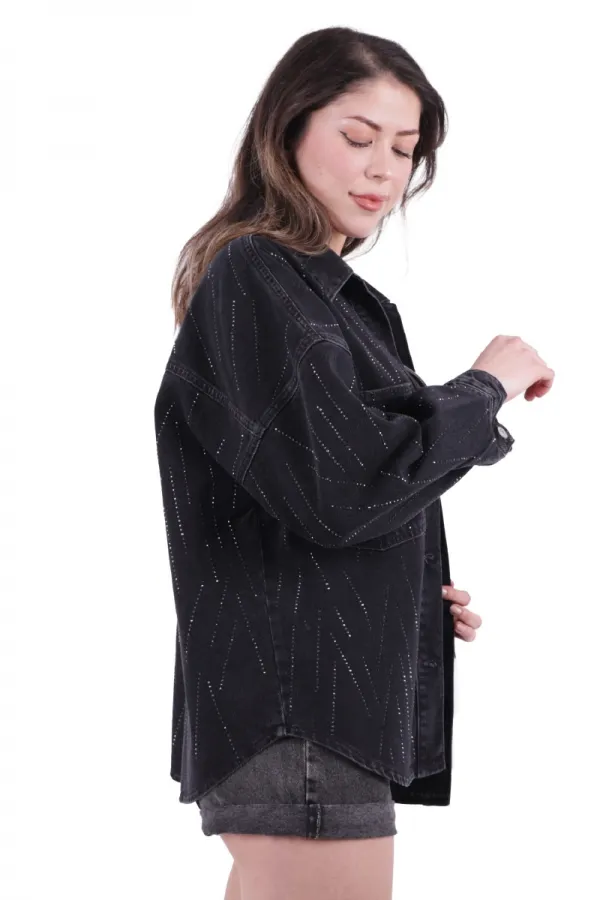 Taşlı Oversize Kot Gömlek  6006-23-(STD-4)