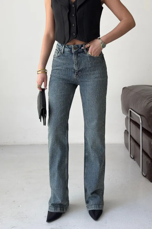 Taşlı Boru Paça Relax Kot Pantolon  7209-28-(27-32)