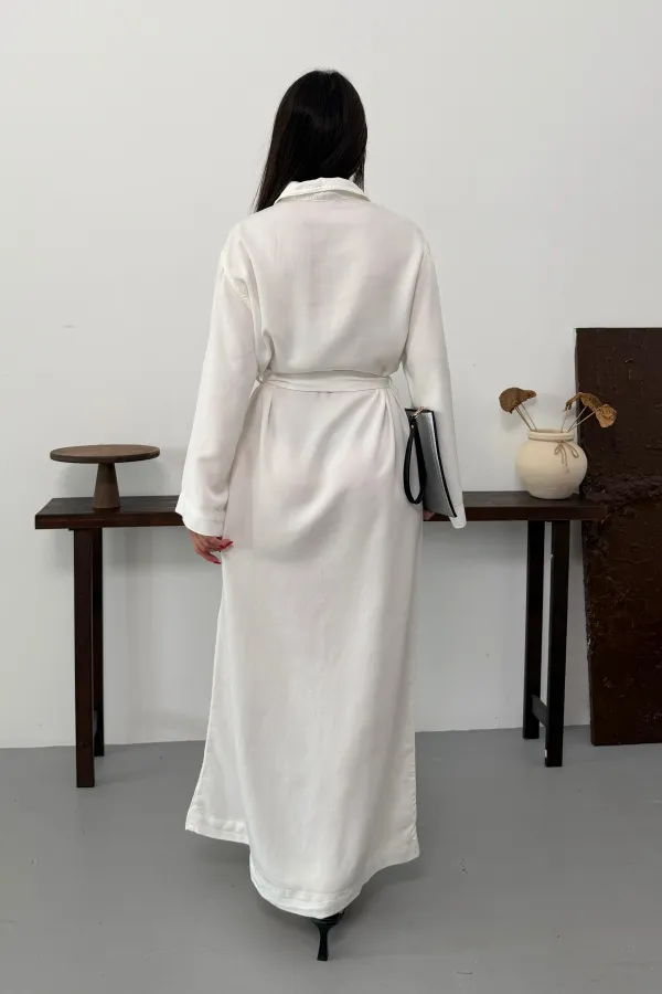 Belted Long Denim Dress 3035-51-(S-XL) Cream White