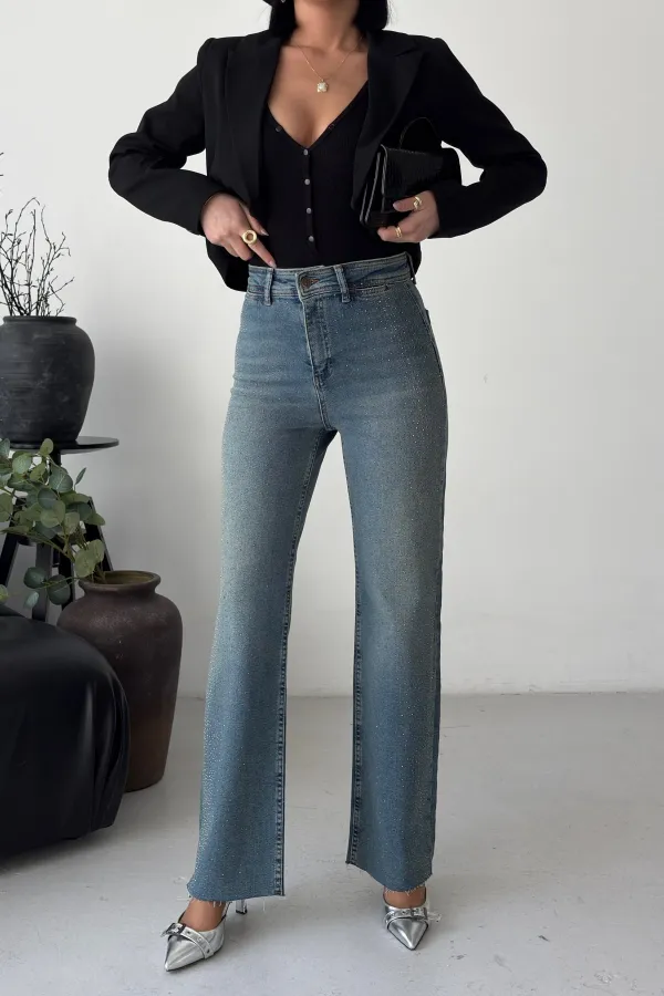 Relaxed Trousers with Stone Embellished Decorative Pockets 7213-62-(27-32) Middle Blue - Tinted
