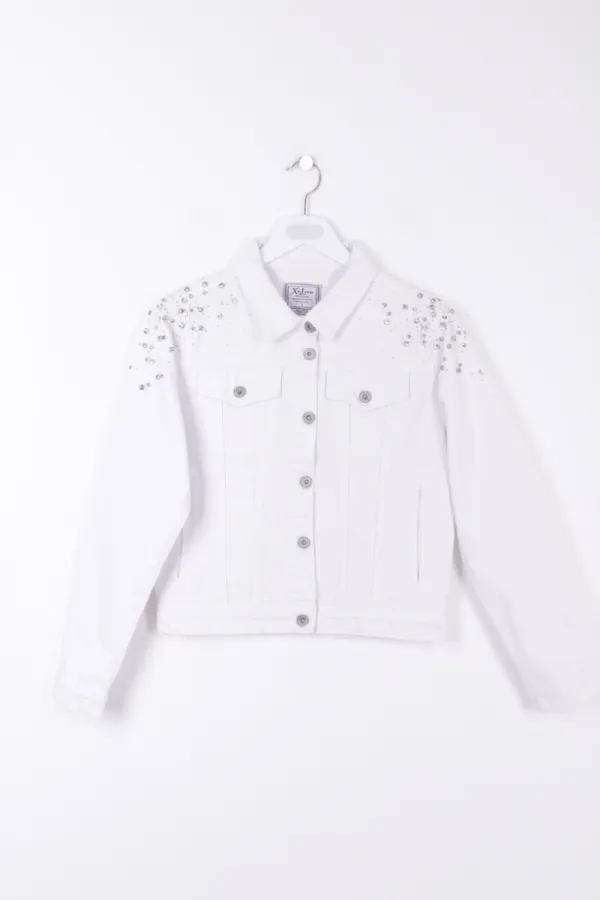 Classic Short Denim Jacket with Decorative Pieces on Shoulders 6076-50-(S-XL-6) White Classic Short Denim Jacket with Decorative Pieces on Shoulders 6076-50-(S-XL-6) White