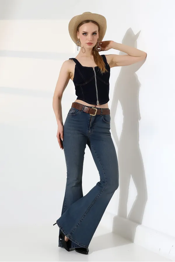 Wide Leg Flared Jean 7067-62-(27-32) Middle Blue - Tinted