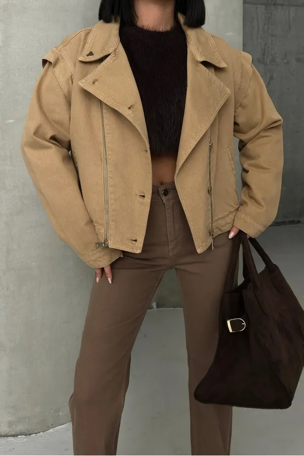 Zipper Detail Denim Jacket 6141-70-(S-L-3) Camel Zipper Detail Denim Jacket 6141-70-(S-L-3) Camel