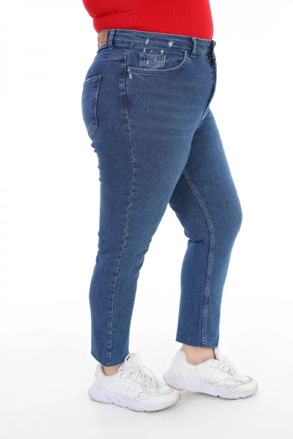 Fringe Ending High Waisted Mom Fit Jean  764-01-(32-36) Dark Blue Denim