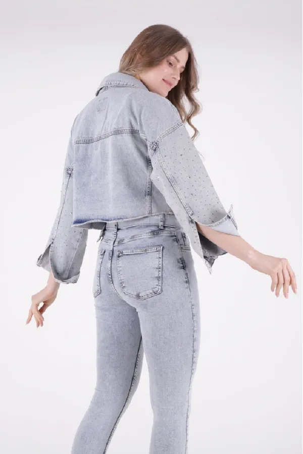 Oversize Short Denim Jacket with Stars and Rhinestones 6005-08-(S-L-5) Snow Light Blue Oversize Short Denim Jacket with Stars and Rhinestones 6005-08-(S-L-5) Snow Light Blue