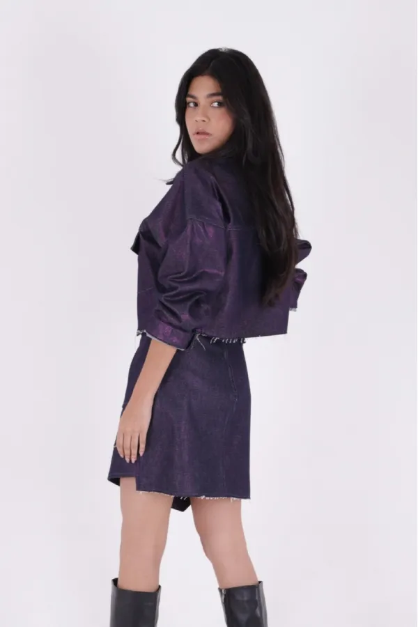 Short Oversize Denim Jacket 651-55-(S-L-3) Purple Coated Glitter Short Oversize Denim Jacket 651-55-(S-L-3) Purple Coated Glitter