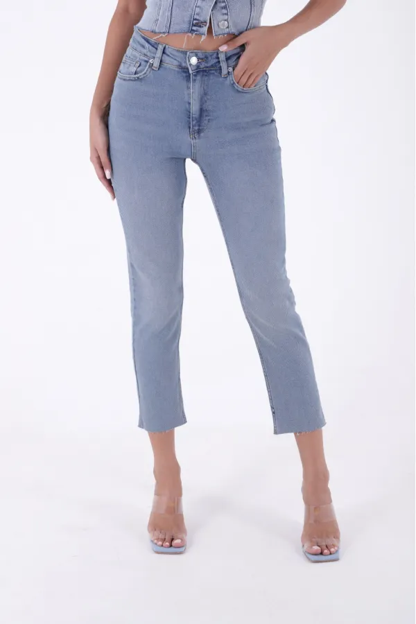 Fringe Ending High Waisted Mom Fit Jean  764-62-(30-36) Middle Blue - Tinted