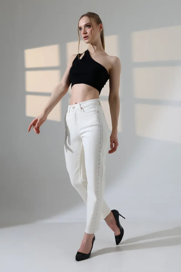 Şerit Taşlı Mom Fit Kot Pantolon  7110-80-(26-31)