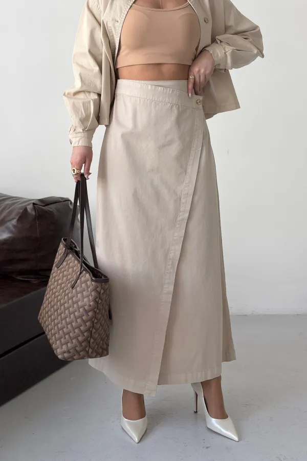 Long Denim Skirt with Flap 1941-65-(36-44) Stone