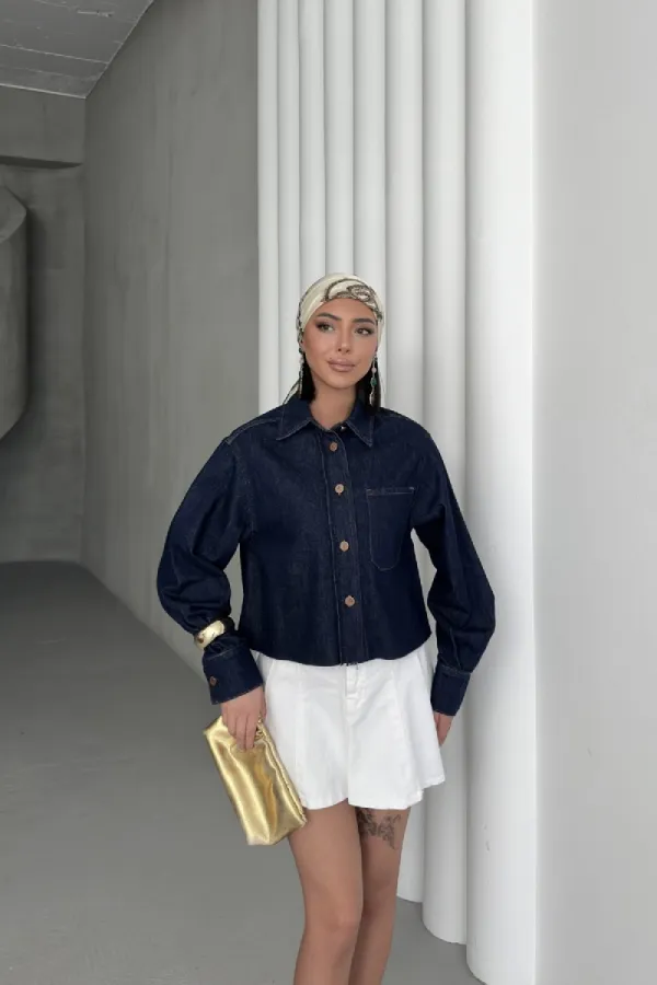 Short Denim Jacket with Pockets 6082-17-(S-XL) Slubbed Navy Blue