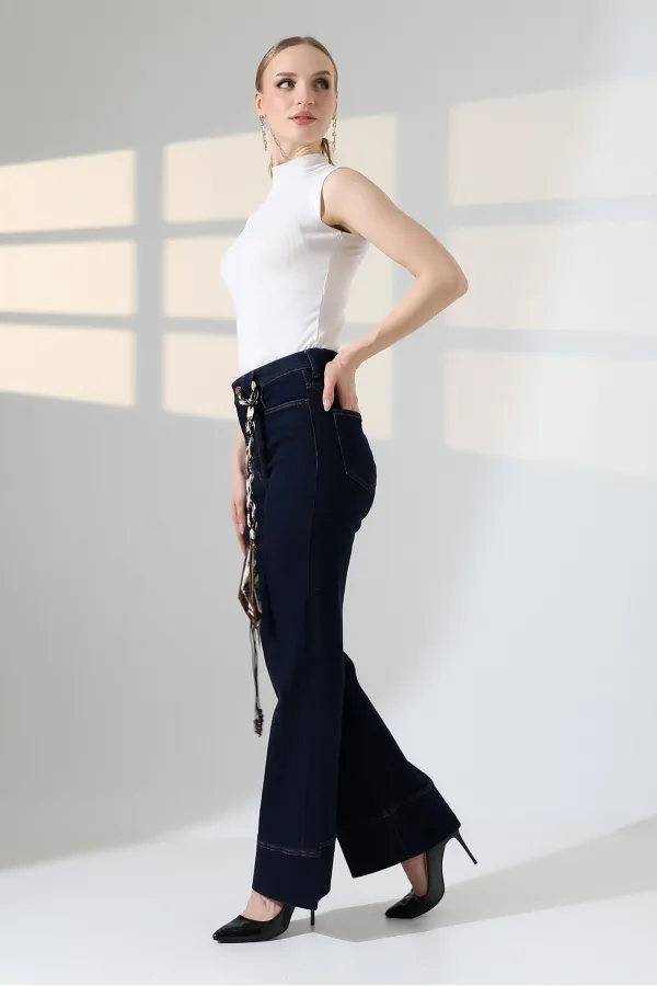 Palazzo Jeans with Hem Detail 7164-17-(27-32) Slubbed Navy Blue Palazzo Jeans with Hem Detail 7164-17-(27-32) Slubbed Navy Blue