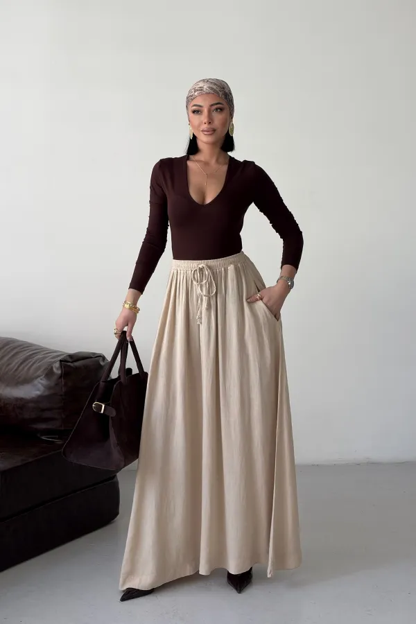 Elasticated Long Skirt HS131-65-(S-L-3) Stone