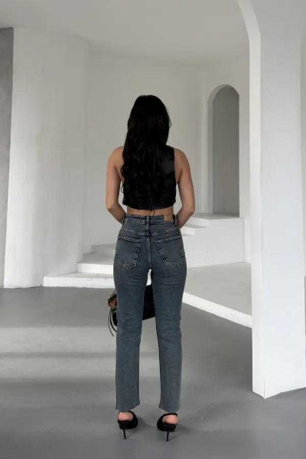 Mom Jean with Decorative Parts on Pockets and Hems 7023-28-(26-31) Dark Blue Snow Denim