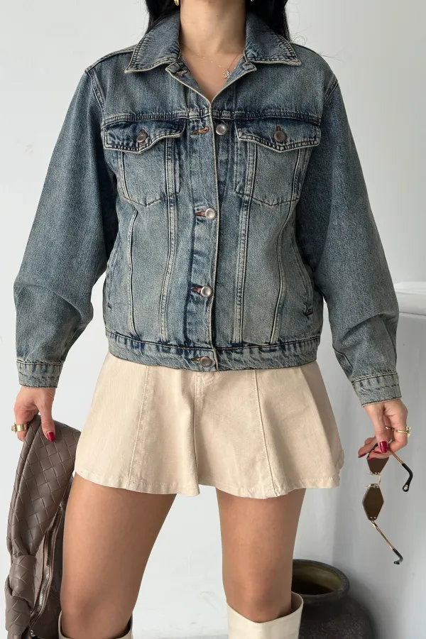 Denim Jacket with Buttons  6081-62-(S-L-3) Middle Blue - Tinted