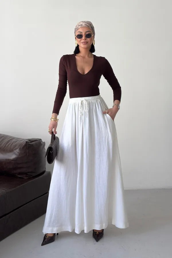 Elasticated Long Skirt HS131-51-(S-L-3) Cream White
