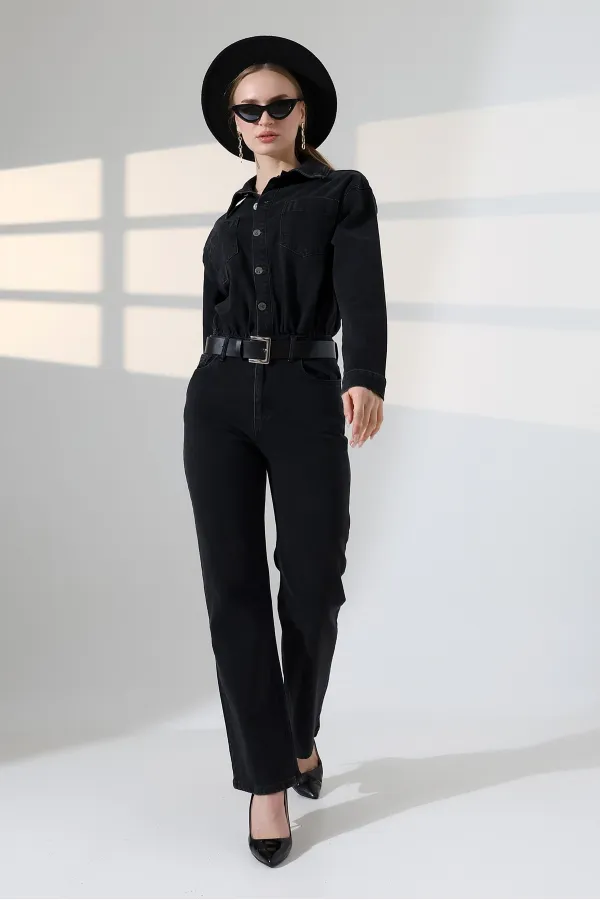 Buttoned Classic Long Denim Dress 3034-23-(S+L+3) Regular Anthracite Buttoned Classic Long Denim Dress 3034-23-(S+L+3) Regular Anthracite