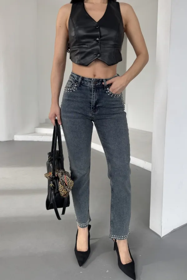 Mom Jean with Decorative Parts on Pockets and Hems 7023-28-(28-33) Dark Blue Snow Denim