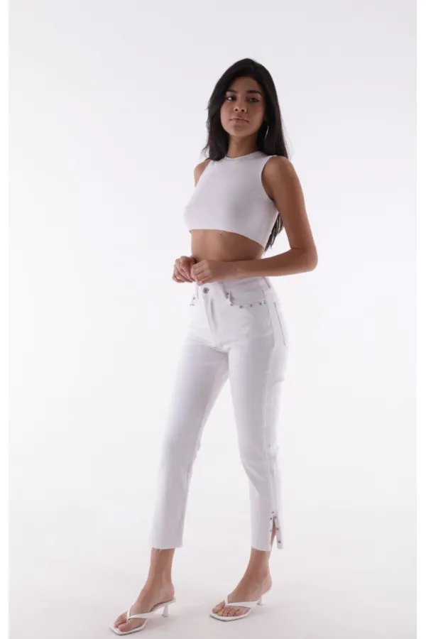 Yanı Yırtmaçlı Flare Paça Mom Kot Pantolon  1774-50-(28-33)