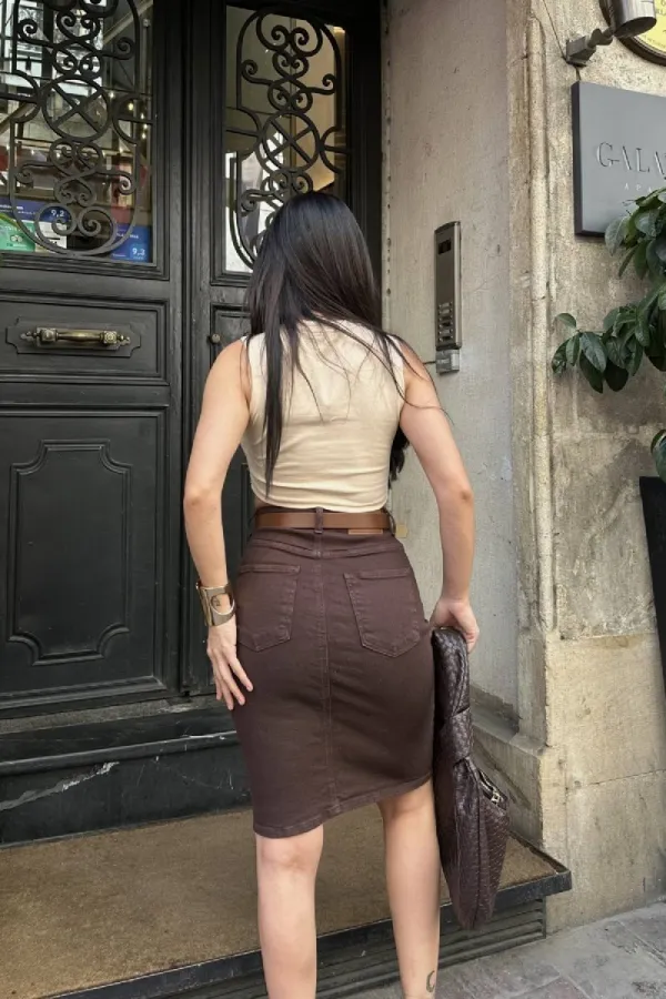 Classic Mid Length Denim Skirt 1039-78-(42-46-2) Brown Classic Mid Length Denim Skirt 1039-78-(42-46-2) Brown