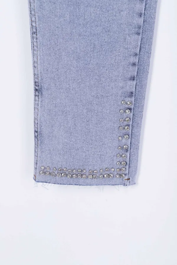 İncili Çiçek Desenli Mom Fit Kot Pantolon  7022-08-(26-31)