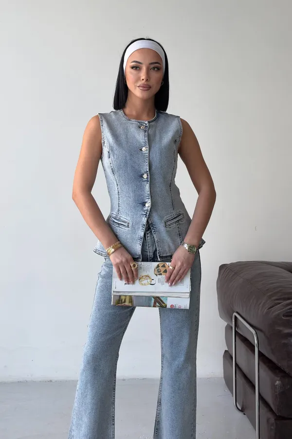 Denim Vest with Slit Front 6086-08-(S-XL) Snow Light Blue