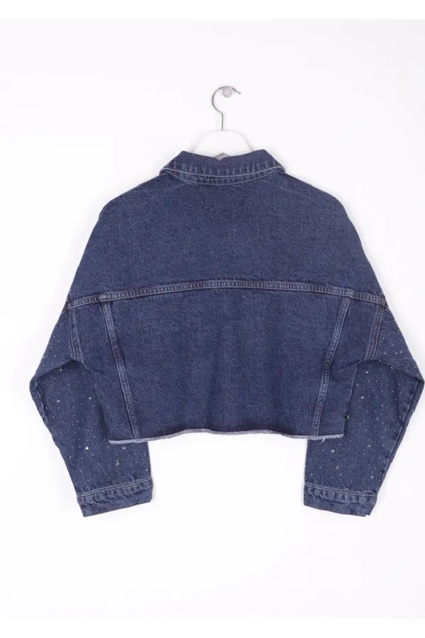 Oversize Short Denim Jacket with Stars and Rhinestones 6005-26-(S-L-5) Regular Dark Blue Oversize Short Denim Jacket with Stars and Rhinestones 6005-26-(S-L-5) Regular Dark Blue